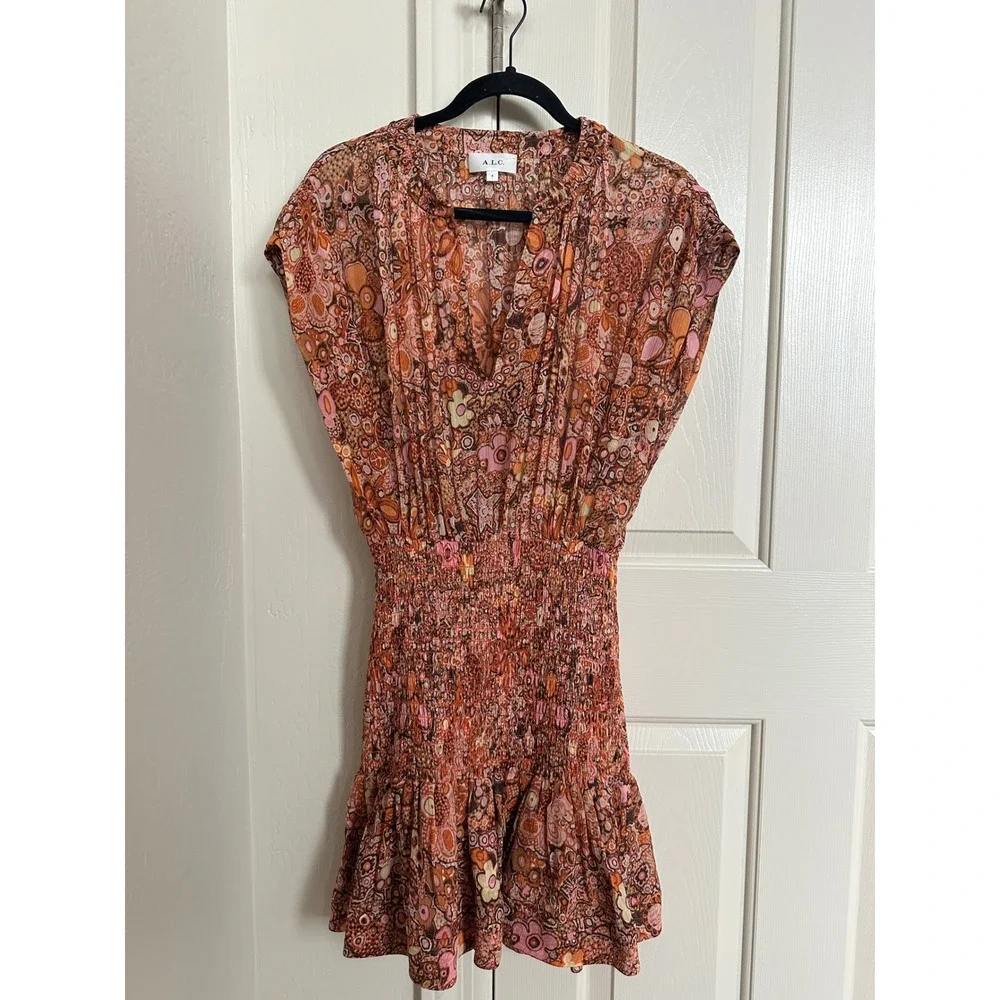 A.L.C. Carly Silk Paisley Smocked Mini Dress Size 4 Boho Luxury - Picture 2 of 8